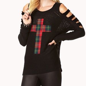 Forever 21 BlackRed Pattern Cross W Cutout Sleeves